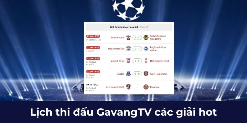 Lịch thi đấu GavangTV các giải hot